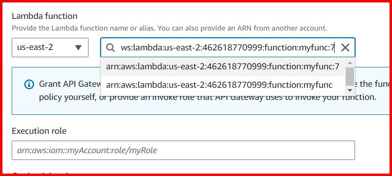 Picture showing specifying the lambda version in API gateway